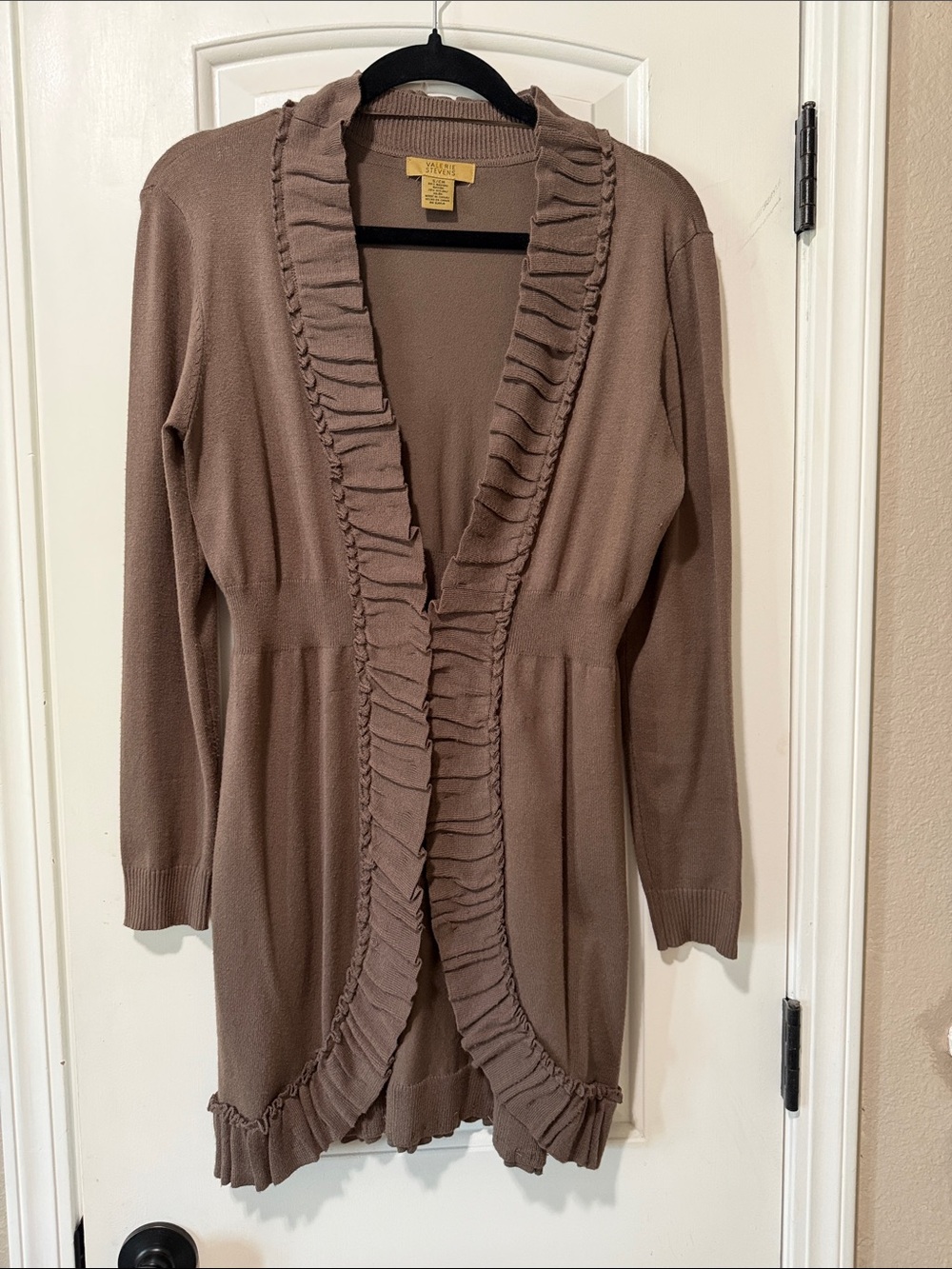 Valerie Stevens Taupe Ruffle-Trim Open Cardigan